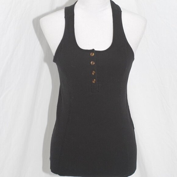 Ribbed Button Chest Tank Top Womens Large Black Muscle Shirt Bodycon Summer EUC - Picture 1 of 5